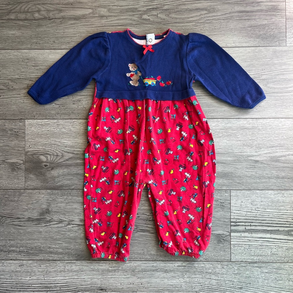 Healthtex Vintage Baby Long Sleeve Snap Romper Bear Pulling Apple Wagon 24 Month